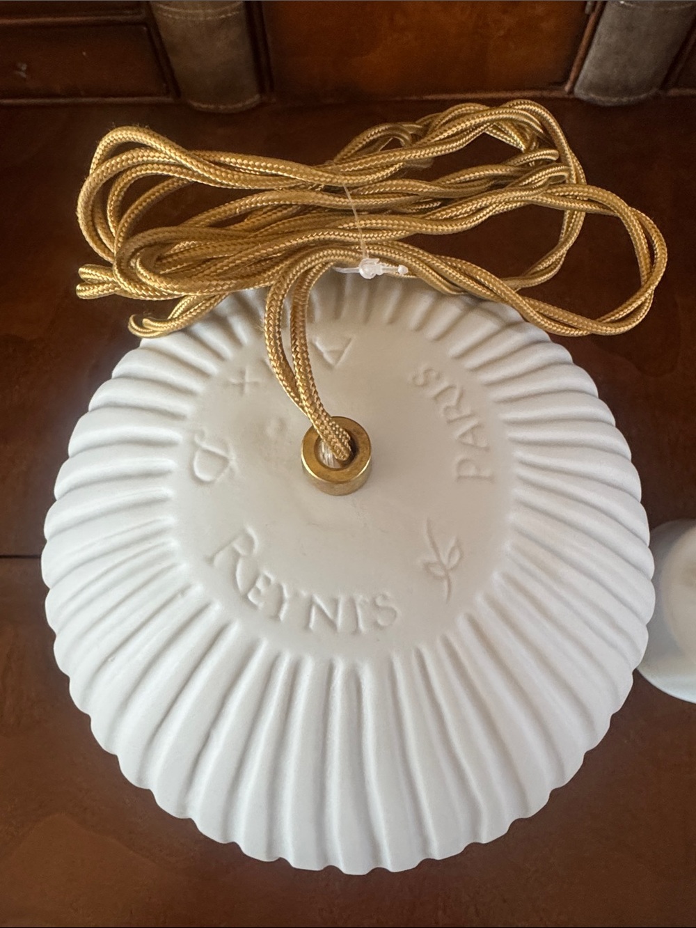 IKEA White Fluted Ceramic Pendant with Gold Braided Cord